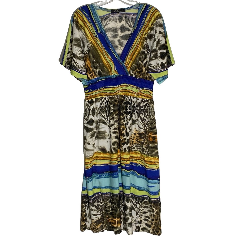 Calesaa Dress Womens Medium Multicolor Leopard V Neck Flowy Stretch Boho Classic